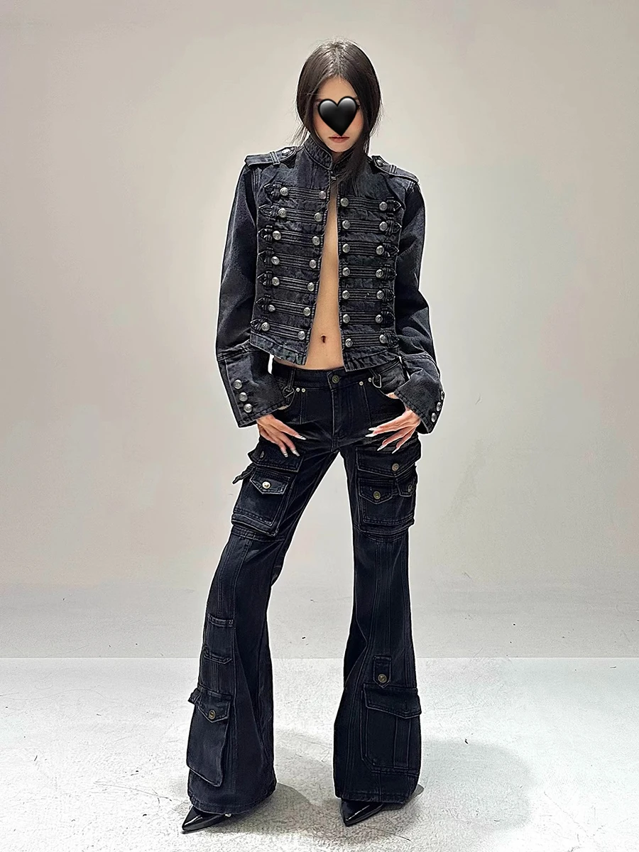 REDDACHiC Cyber Y2k noir Flare jean rue Vintage lavage multi-poches extensible taille basse Cargo pantalon Grunge femmes cloche bas