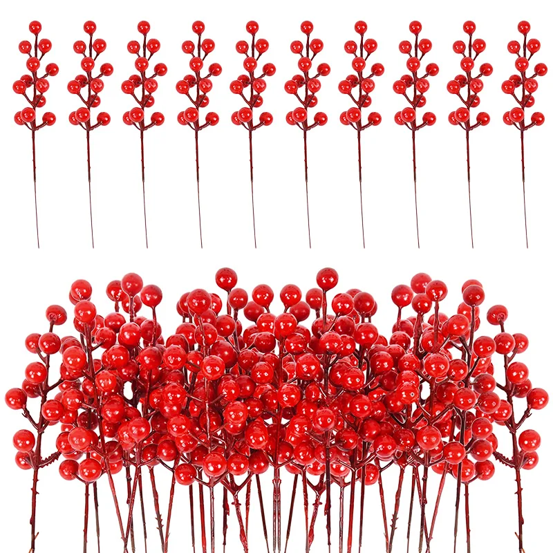 

5-30pcs Artificial Red Berries Stem Christmas Red Holly Berry Stamen Fake Flowers Plants Ornament New Year Party Home Decoration