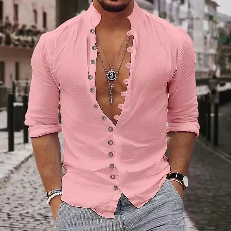 Camicia casual da uomo primaverile ed estiva Moda retrò 2025 Canapa Multi-bottone Stand Abbigliamento da uomo musulmano Cardigan a maniche lunghe da strada