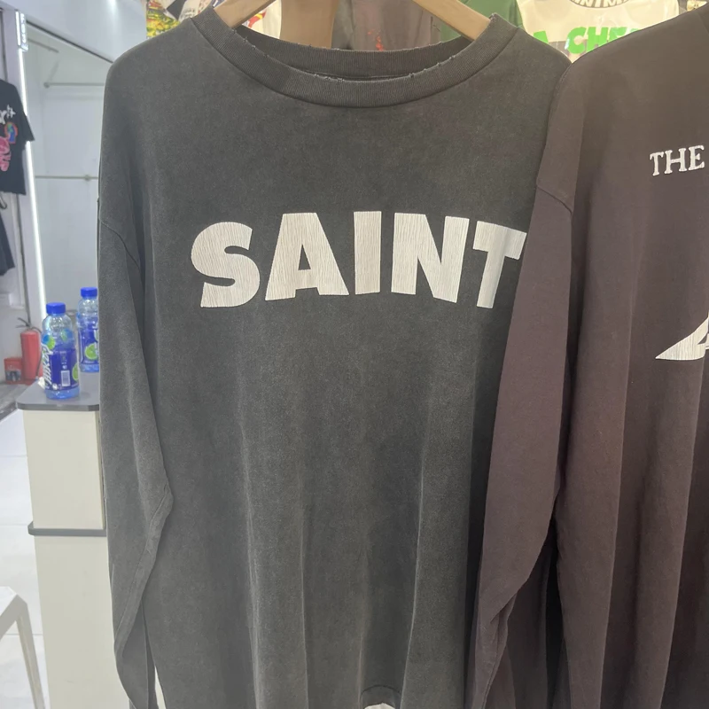 SAINT American Retro Classic Basic Style Cracked Letter Printed Long Sleeved T-shirt Autumn Streetwear Loose Hip-hop T-shirt