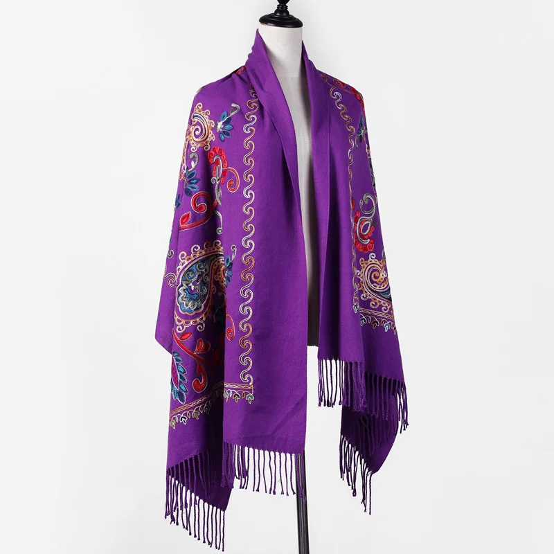 

Poncho Cloak Embroidered Flower Scarf Imitation Cashmere Shawl Ethnic Style Tourism Cloak Warm and Wind Flowing Su Girl Purple