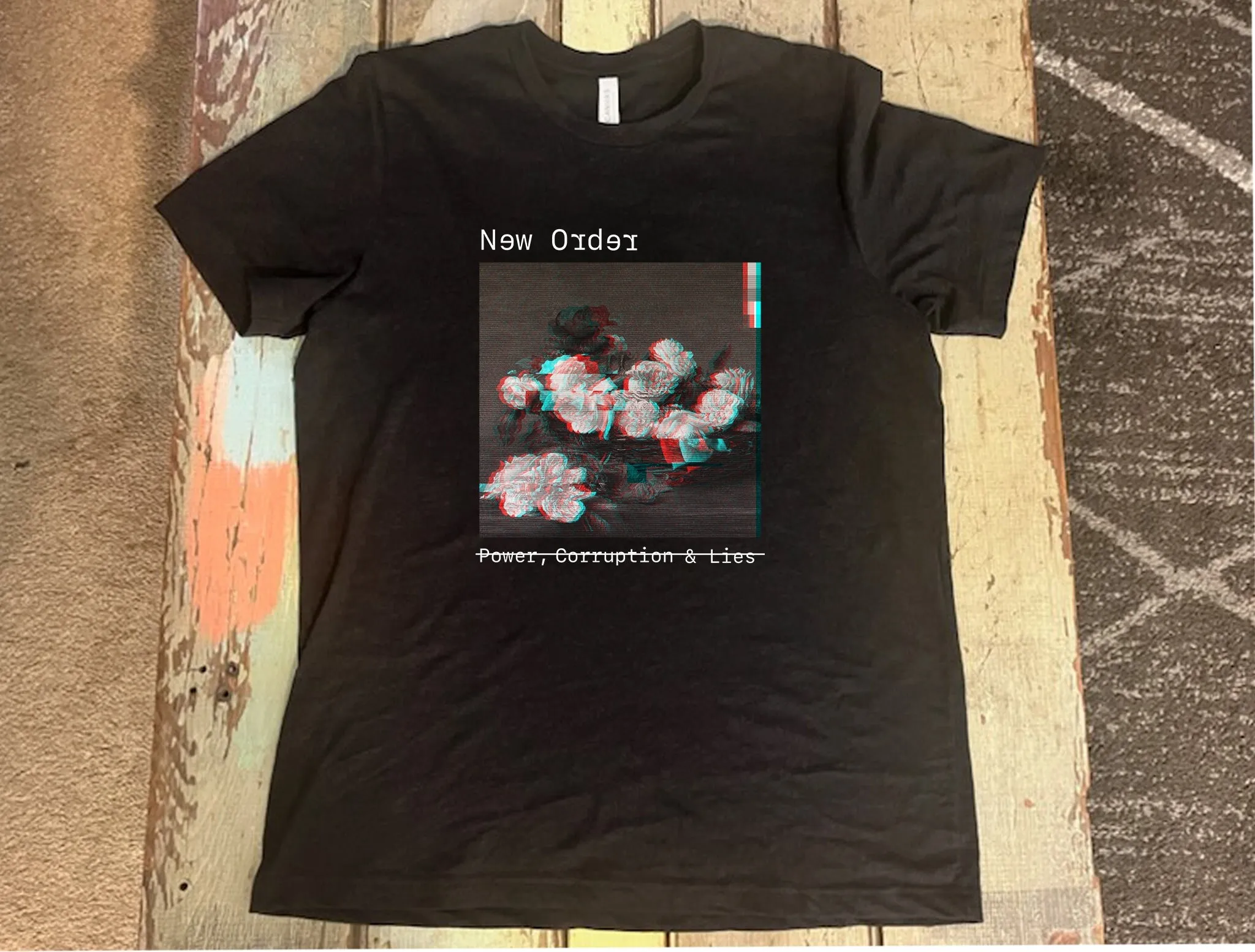 New Order Glitch T shirt Power corruption and lies PCL 80s vintage aesthetic inspired fan art Black