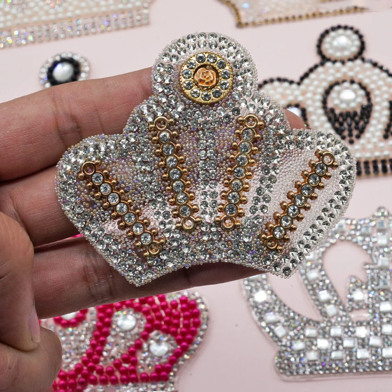 Pearl Crystal Rhinestone crown Patches for Clothing Iron on Clothes Appliques Badge Stripes Fabric Sticker Apparel Accessories