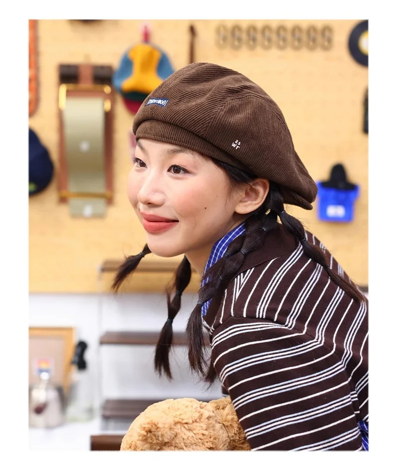 Womens Retro Corduroy Ivy Newsboy Paperboy Cabbie Gatsby Painter Hats Caps Blue/Coffee/Orange /Gray Color Embroidery Beret