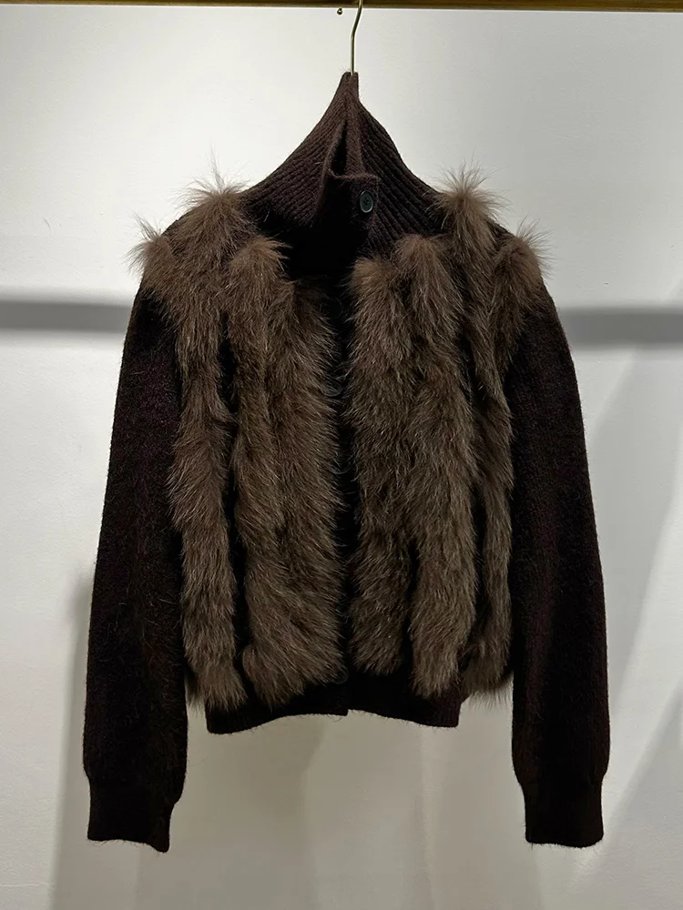 Women Casual Spring Autumn Cardigan Natural Real Fox Fur Knitted Oversize Coat Fox Fur Decoration Lady's Sweater