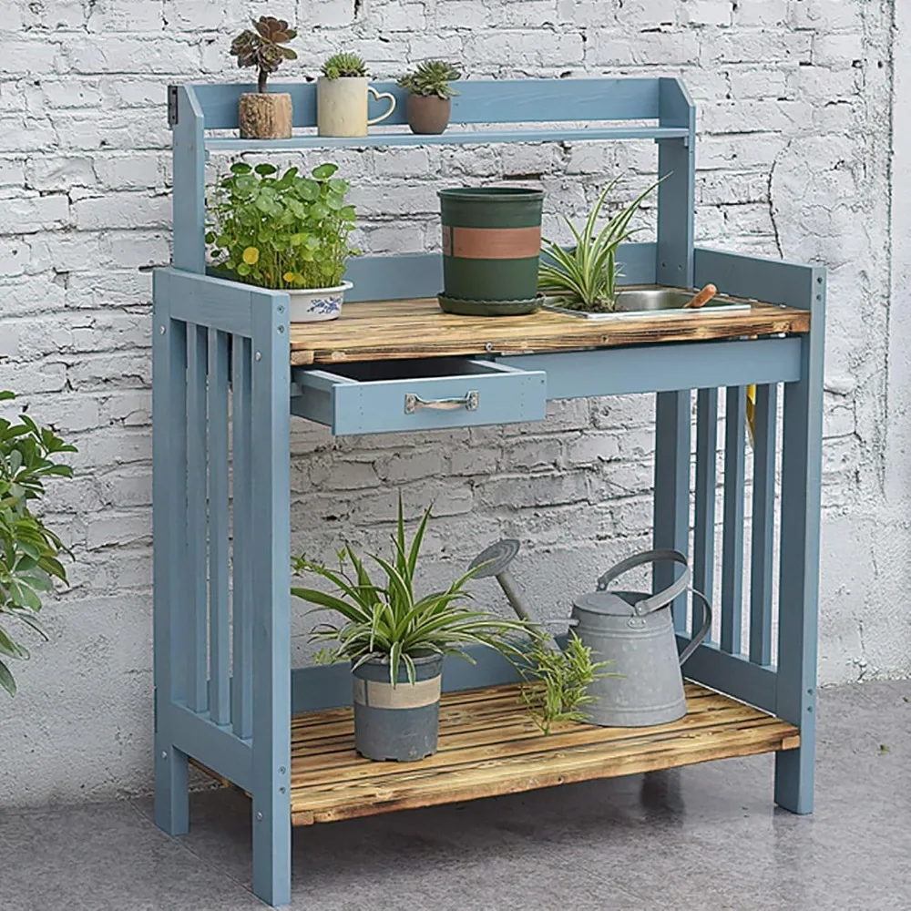 

Outdoor Potting Bench, Pine Work Station Table Outdoor Garden Potting Table with Removable Sink, Tools Drawer, 3 Tier Open Shelf