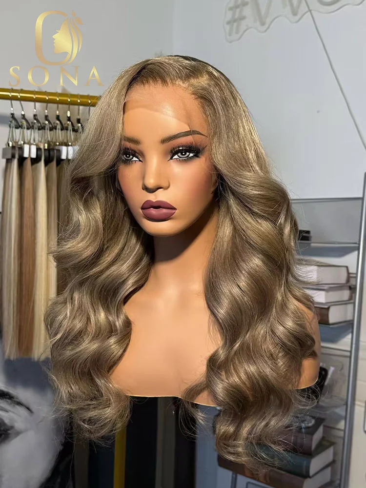 شفاف أومبير شقراء طبيعية الجسم موجة 13X4 13x6 الدانتيل الجبهة باروكة من شعر طبيعي خصلات الشعر المستعار قبل قطعها الرماد شقراء #1