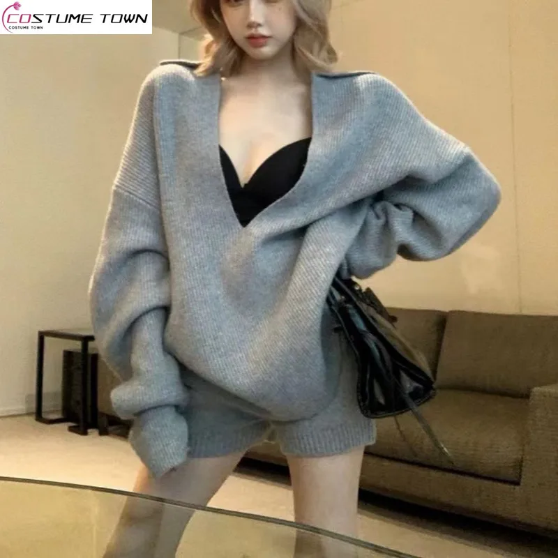 

New autumn and winter fashion women's clothing big V-neck long sleeved knitted sweater+high waisted casual shorts two-piece set