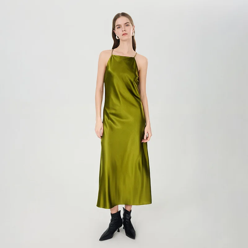 Elegant 22MM Silk Maxi Dress Women Spaghetti Strap Back Shell Cross Tie Slip Gown Luxury Bridesmaid Formal Evening Party Dress
