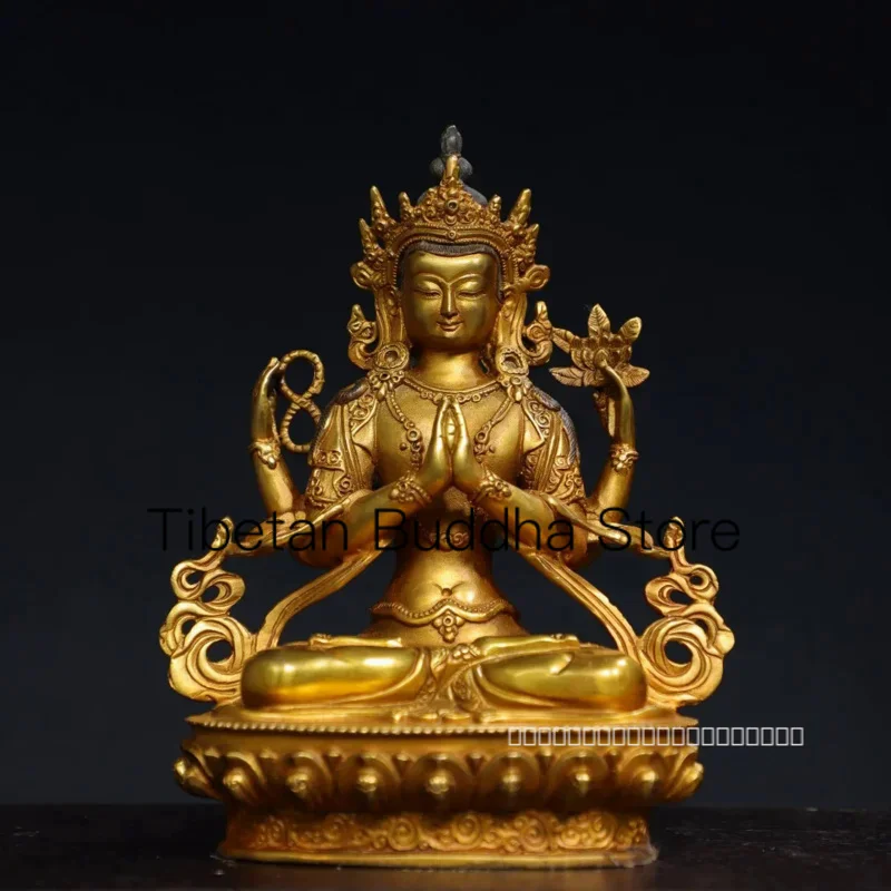 

20cm Tibetan Brass Buddha Pure Copper Gilded Four Arm Tara Statue Home Buddhist Hall Supplies