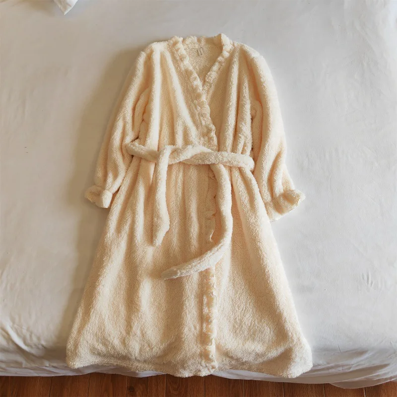 Winter Sleeping Pajamas Coral Fleece Warm Sleepwear Robe Loose Flannel Thicken Home Wear Bathrobes For Women Nightwear Clothes
