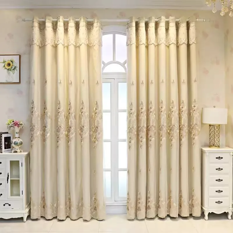 European Elegant Embroidery Double Layer Blackout Curtains with Lace Valance Beige High Precision Fabric For Living Room Bedroom