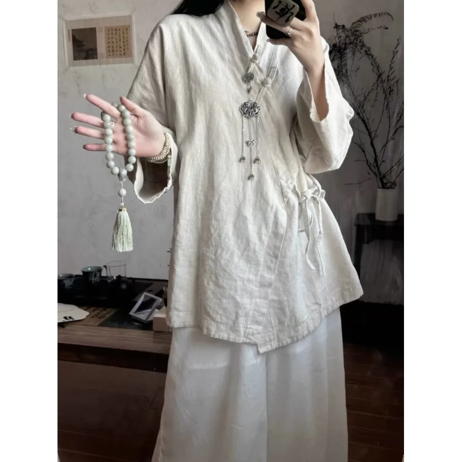 

Новый китайский художественный женский воротник-стойка на пуговицах, весенне-осенний элитный костюм Тан, одежда Hanfu Zen Tea, топ