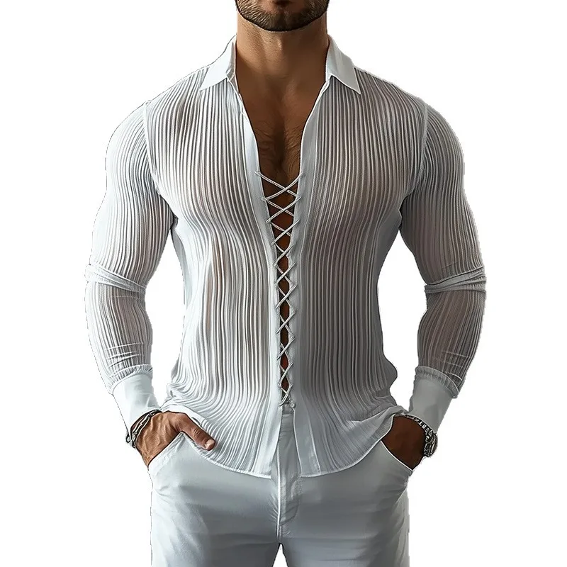 

Autumn And Winter New Men's Lapel Strap Design Shirt Hollow Abstinence Style Texture Men's Shirt