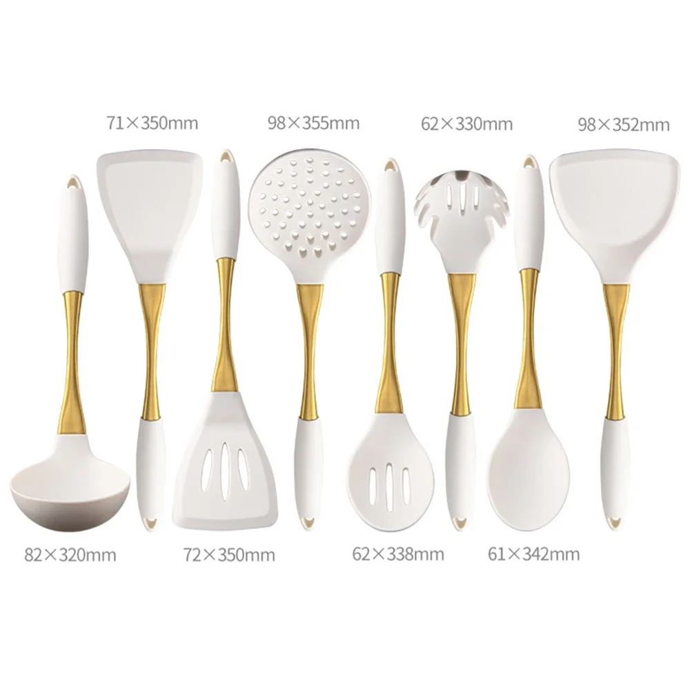 1/8Pcs White Gold Silicone Kitchenware Cooking Utensils Spatula Turner Heat-resistant Pasta Colander Shovel Kitchen Accessories