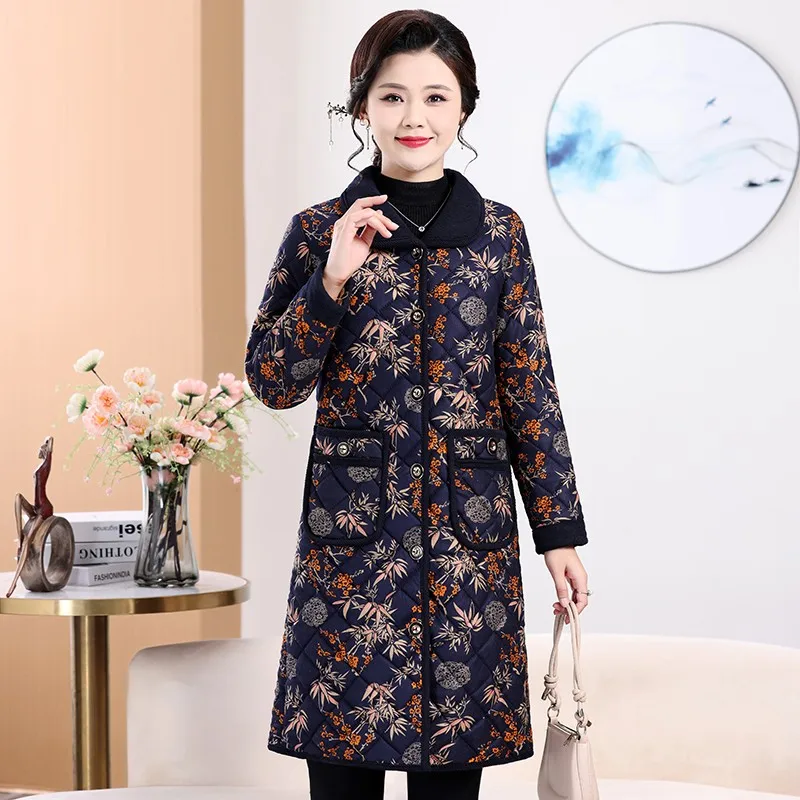 Fleece Jacket For Women Floral Cotton Coat Middle-Aged And Elderly Mothers Thick Medium Length Winter Outerwear