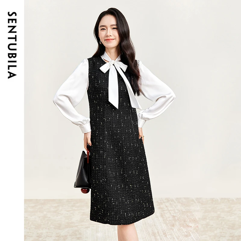 

SENTUBILA Women Black Dresses 2025 Autumn Elegant Tweed Bright Silk Cotton Commute O Neck Sleeveless Party Dress 144L57629