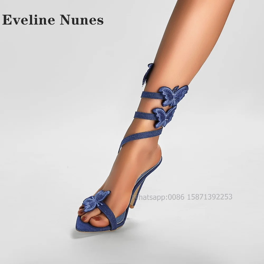 Butterfly Embroidery Decoration Denim Sandals Pointed Toe Stiletto Ankle Strap Side Air Lady Heels Runway Show Sexy Shoes Summer