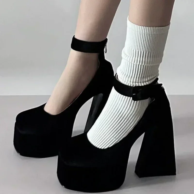 2024 New Spring And Autumn Fashion Women\'s High Heels Sole Buckle Thick Heel Shallow Mouth Sexy Back Zipper Elevated Shoes