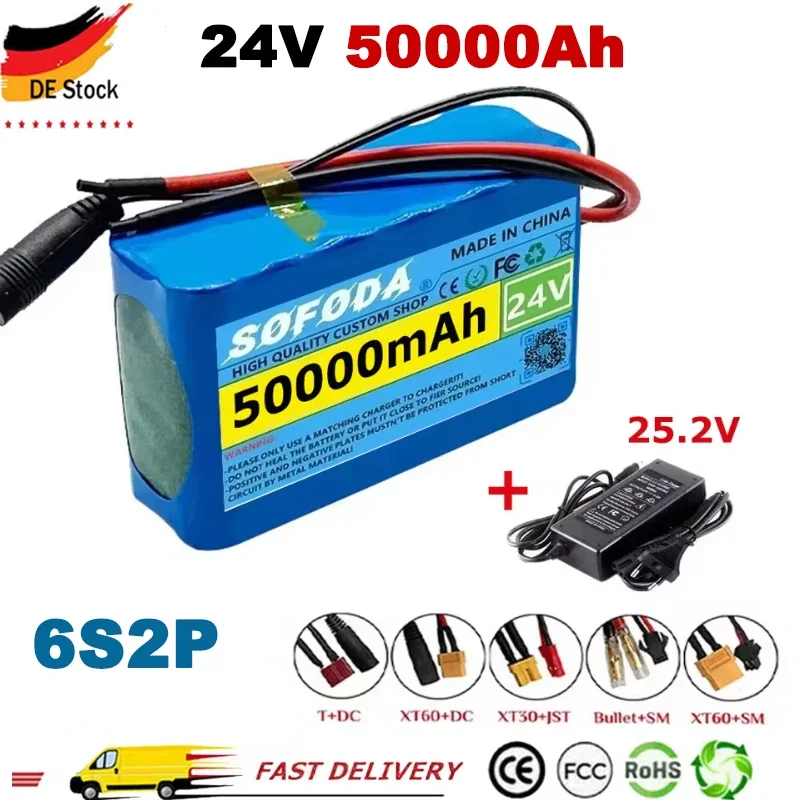 2024 24V 6S2P 50000mAh 18650 Lithium Battery Pack 24V with BMS for Electric Bicycle Moped Optional plug + 2A charger