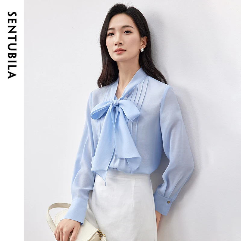 

SENTUBILA Basic Blouses Woman Lyocell 2025 Autumn Solid Lace Up Collar Folds Loose Fit Bow Shirts Elegant Casual Tops 151C57000