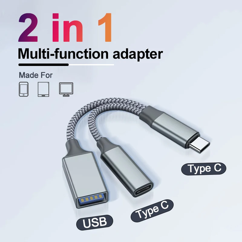 

OTG 2 in 1 Adapter Cable USB 3.1 Female Splitter USB C to USB A Type C PD 10W Fast Charger For iPhone 16 Huawei Samsung MacBook