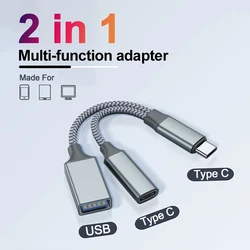 OTG 2 in 1 Adapter Cable USB 3.1 Female Splitter USB C to USB A Type C PD 10W Fast Charger For iPhone 16 Huawei Samsung MacBook