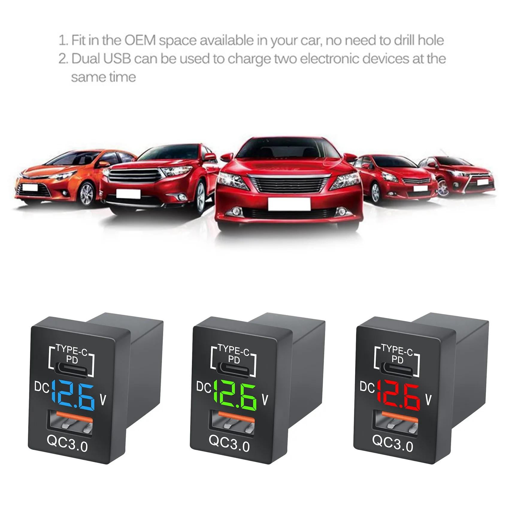 Leading-Edge-2X New QC3.0 USB Car Socket PD Type-C With LED Red Digital Voltmeter For New Toyota Quick C view 5