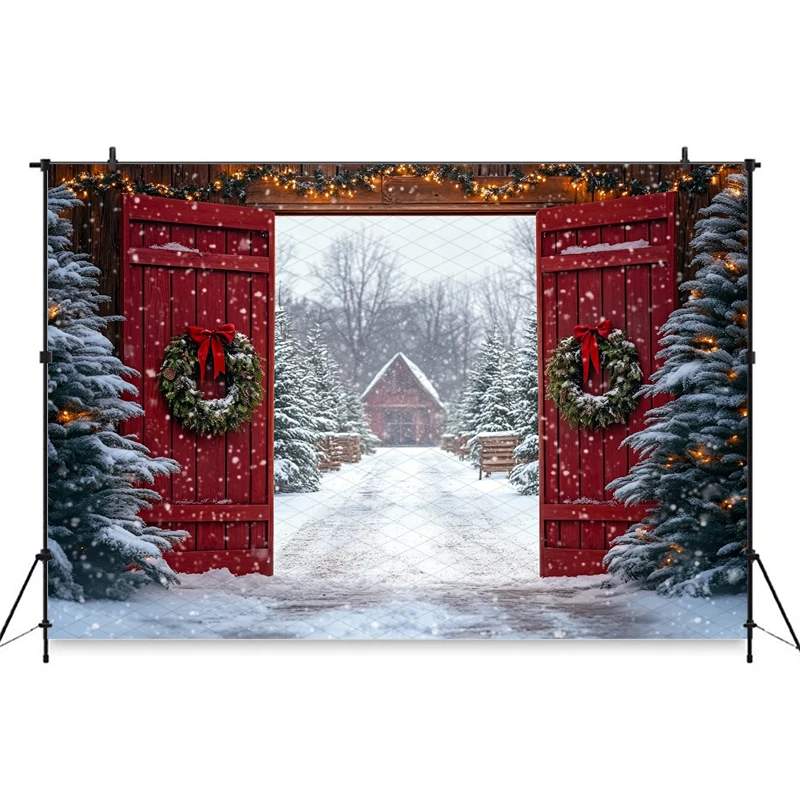 Mocsicka クリスマス写真撮影の背景冬スノーフレーク装飾写真の背景クリスマスツリー赤いドアパターン撮影バナー