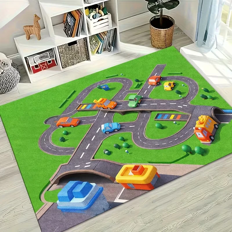 Cool Racing Circuit Decor Rug Cartoon Car Roadway Educational Floor Mat Soft Non-Slip Game Carpet for Bedroom Playroom