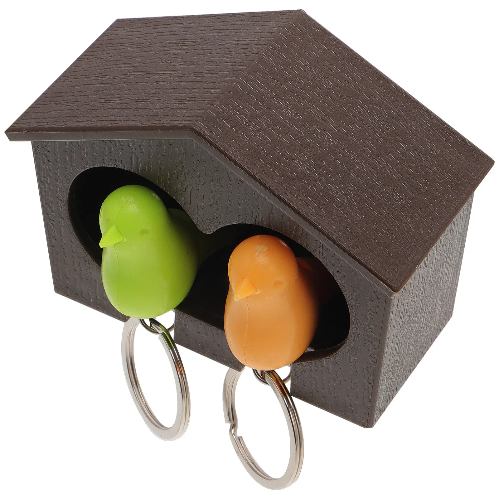 Birdhouse Key Ring Holder Set Brown Green 9.4x6.4x4.4cm ABS Material Includes 2 Sparrow Whistle Keychains Easy Wall Mount Key