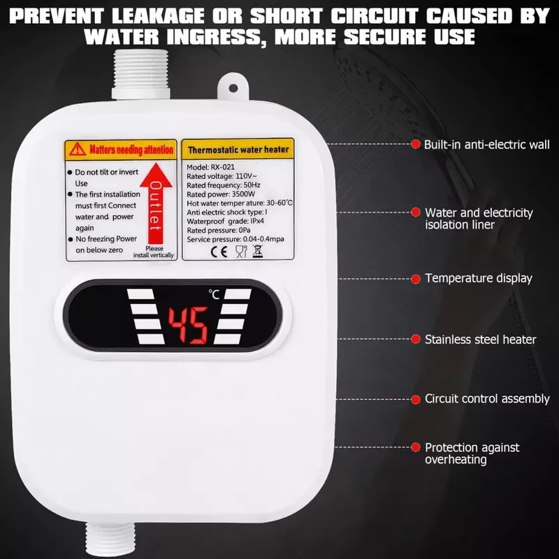 For 3500W Portable Tankless Electric Hot Water Heater Instant Boiler for Shower in Hotel English Operating Plastic