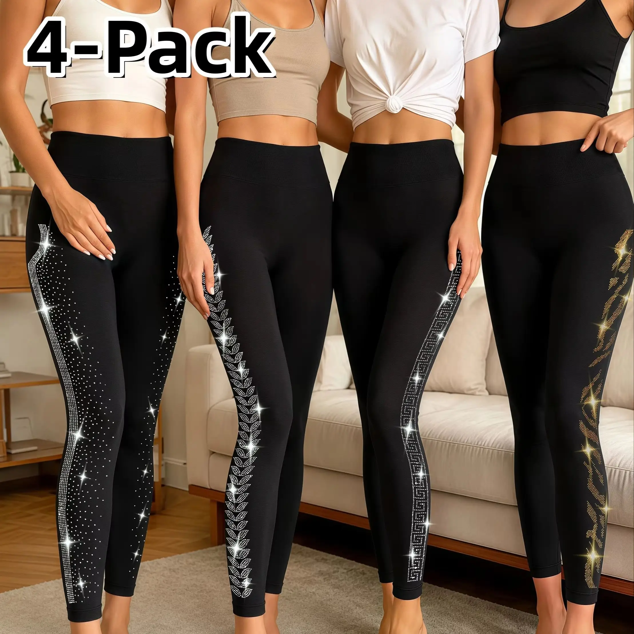 Damen High-Waist Leggings mit Strassbesatz, 4-Wege-Stretch, Bequeme Skinny Hose, Vielseitige Schwarze Workout-Fitness-Leggings – Detail 1