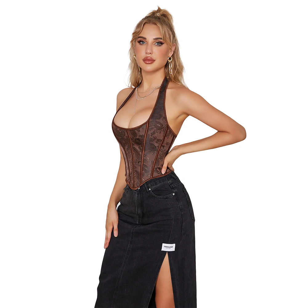 Women Retro Vintage Bustier Top Halterneck Corset Vest Brown Corselet Shaper