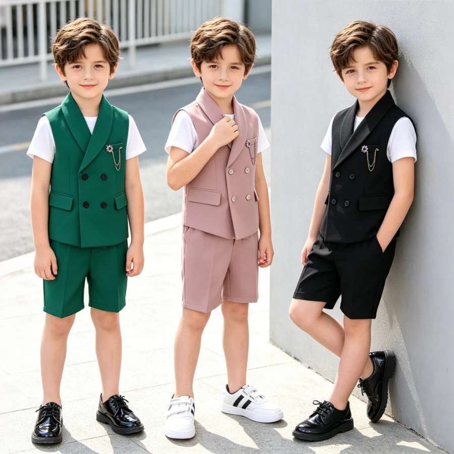 Boys Summer Double Breasted Vest Shorts Suit Set Kids Wedding Birthday Party  Formal Gentleman Outfit School Children Outfits