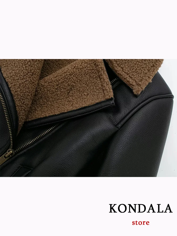 KONDALA Casual Women Leather Jackets Pockets Zippers Long Sleeve Thick Fur Coats Fashion 2023 Autumn Winter Jackets Outwears