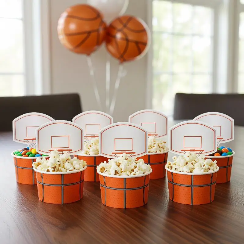 @*Basketball Disposable Serving Bowls 6 PCS Waterproof Paper Dessert Cups for Family Basketball Watch Party Supplies