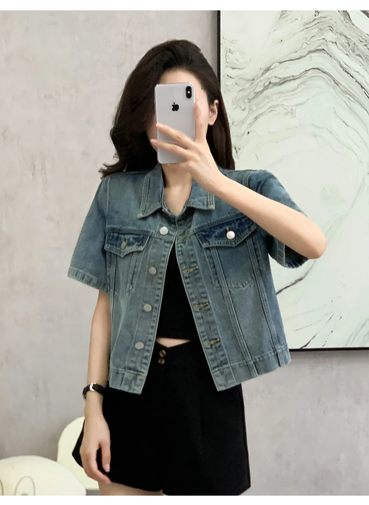 Fashionable Retro Three-Dimensional Pocket Short Denim Jacket Coats