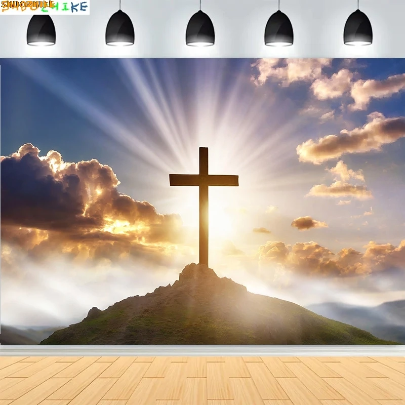 

Sky Opens Up With Light Rays Shining Photography Backdrops Wooden Cross Calvary Hill Dramatic Sunset Photo Background HB-02