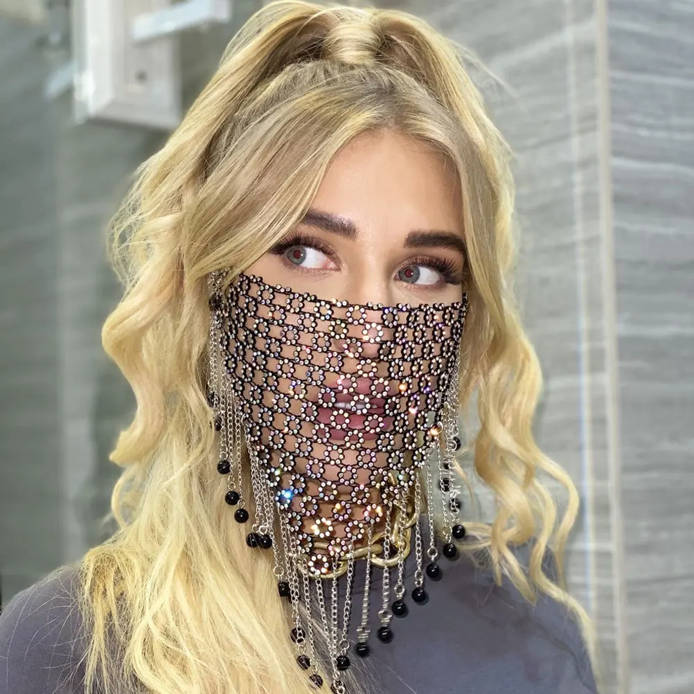 2Pcs Rhinestone Face Veil Tassel Chain Elegant Mesh Mask Masquerade Dance Performance Party Supplies Costume Accessories