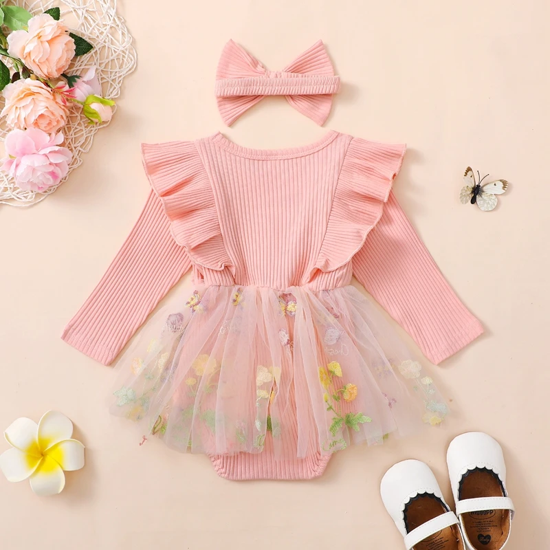 2024-05-30 Lioraitiin Baby Girls 2 Piece Outfits Floral Mesh Patchwork Ruffles Long Sleeve Romper Dress and Cute Headband Set