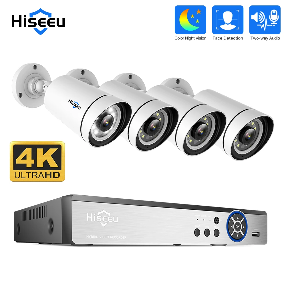 

Hiseeu 4K UHD 4CH 8MP PoE Security Camera Kit Color Night Vision Two-way Audio Humanoid Detection Remote APP Viewing Outdoors IP