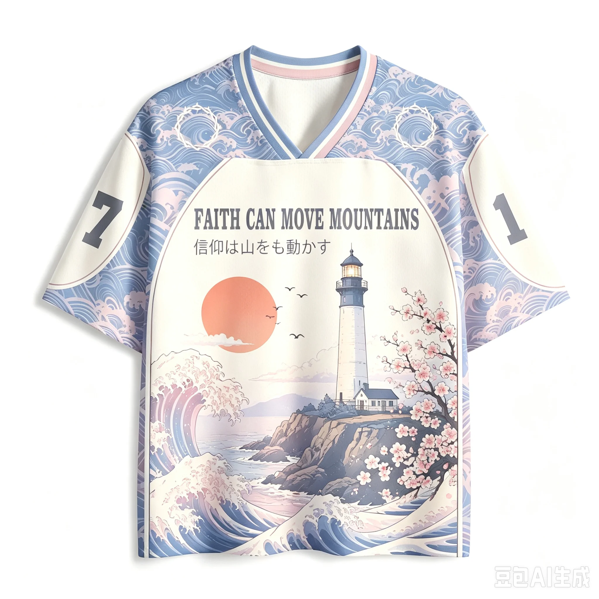 Latest Ukiyo-e Wave Lighthouse Fuji Mountain Jersey V-neck Loose Sports Oversized Loose Breathable T-shirt