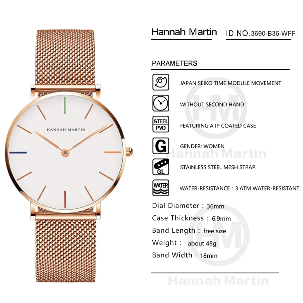 Hannah Martin Top Brand Women Watch Japan Quartz Movement 36mm Rose Gold Waterproof Fashionable Nordic Minimalist Ladies Watches