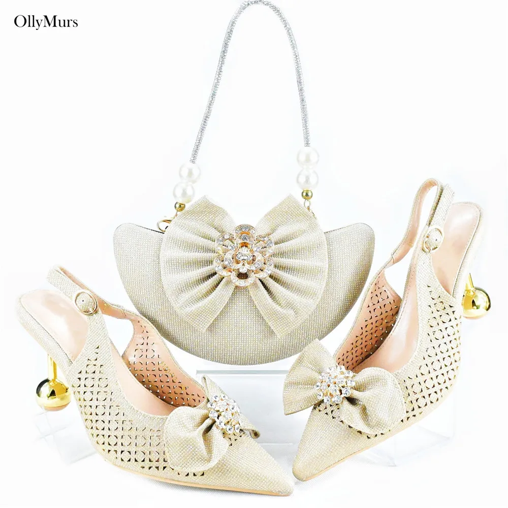 High Quality Ladies Crystal Shoes And Matching Bag Set African Style Woman High Heel Shoes And Bag Set For Party Free Shipping