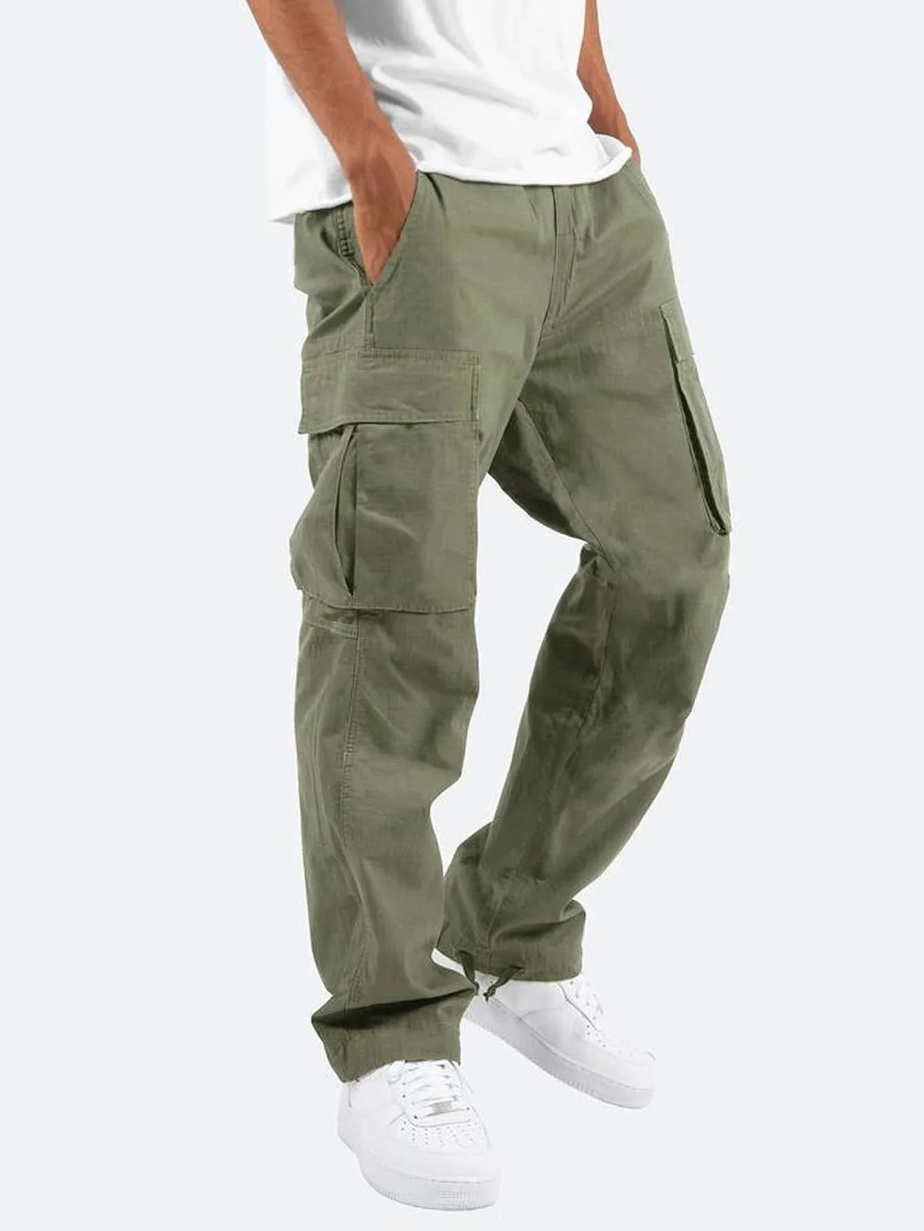 Calça cargo masculina com bolsos com cordão, calça de comprimento total, cor sólida, solta, bolso múltiplo, masculino, 3XL, Novo, 2023