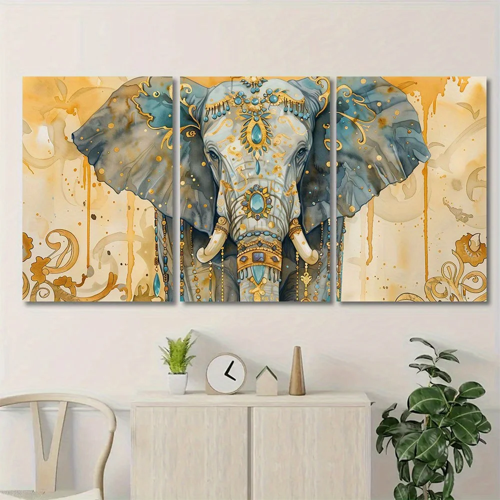 3Pcs Bohemian Ornate Elephant Canvas Wall Art Golden Turquoise Ethnic Animal Prints for Living Room Decor