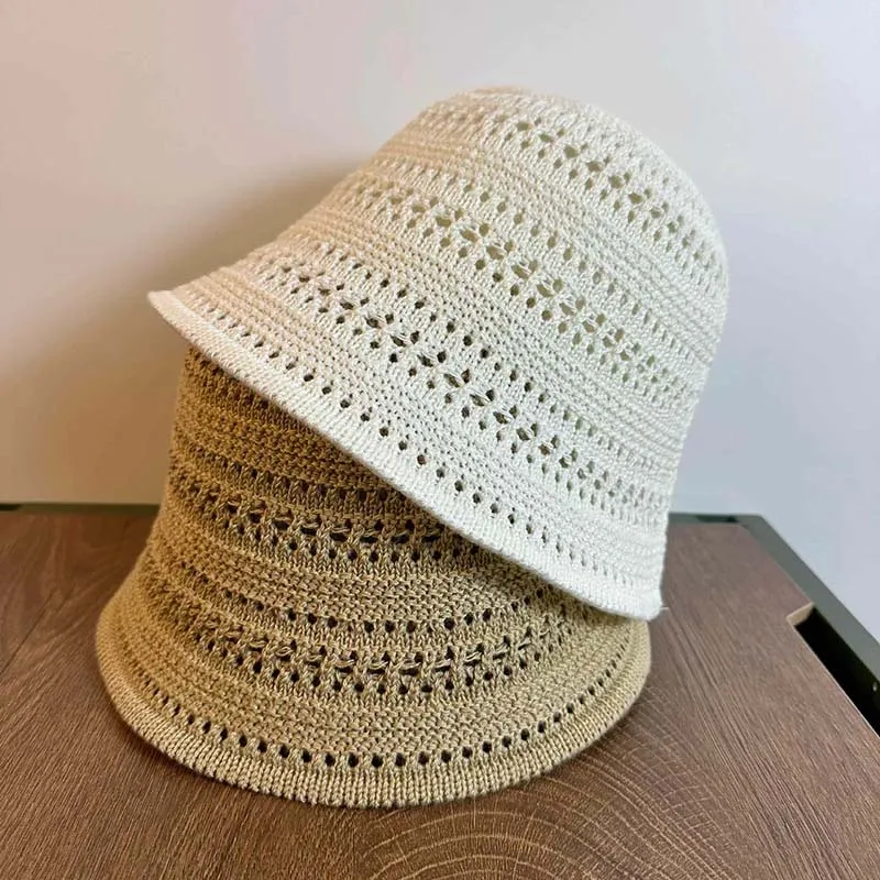 New Arrived Spring Solid Color Knitted Hollow Fisherman Hat Outside Beach Summer Vacation Sunshade Bucket Cap Women's Sun Hat