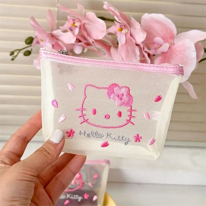 Kawaii Hello Kitty Mesh Yarn portamonete Sanrio Cartoon Anime Sakura borsa portaoggetti per ricamo borsa per trucco portatile all\'aperto regali