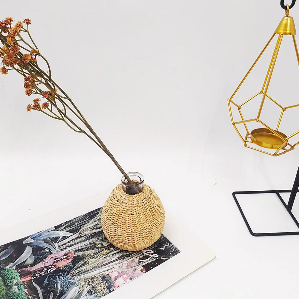 

Woven Rattan Glass Vase Simple Desktop Flower Vase Home Decoration Longtime Use Elegant Dried Flower Container